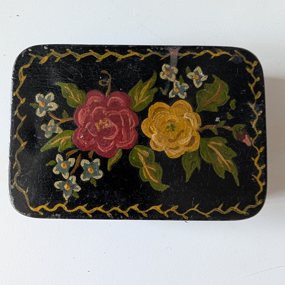 Vintage Hand-Painted 1940s Tin Pin Box